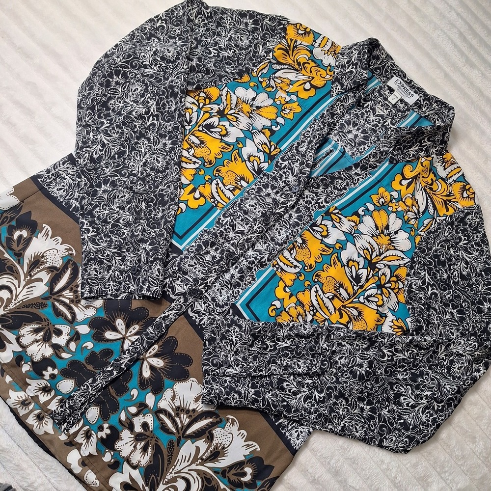 Express Portofino Original Fit Blouse Womens M Teal Blk Floral Career Boho Retro